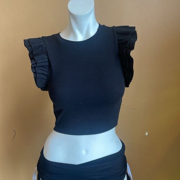 Zara Black Ruffle Sleeve Top Size 26 - Picture 3 of 11